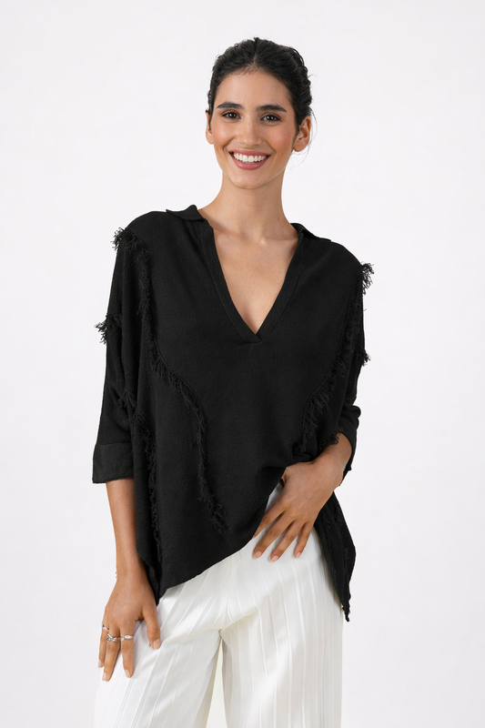 Pull Hannetonne noir à franges  A POIL