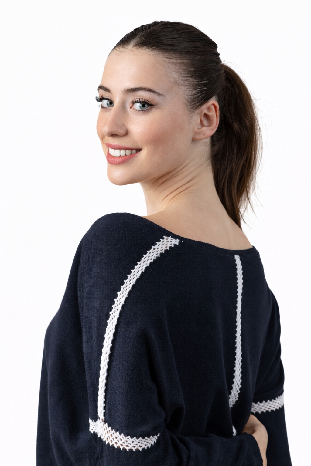Pull Hixi bleu marine à col V & manches longues A POIL