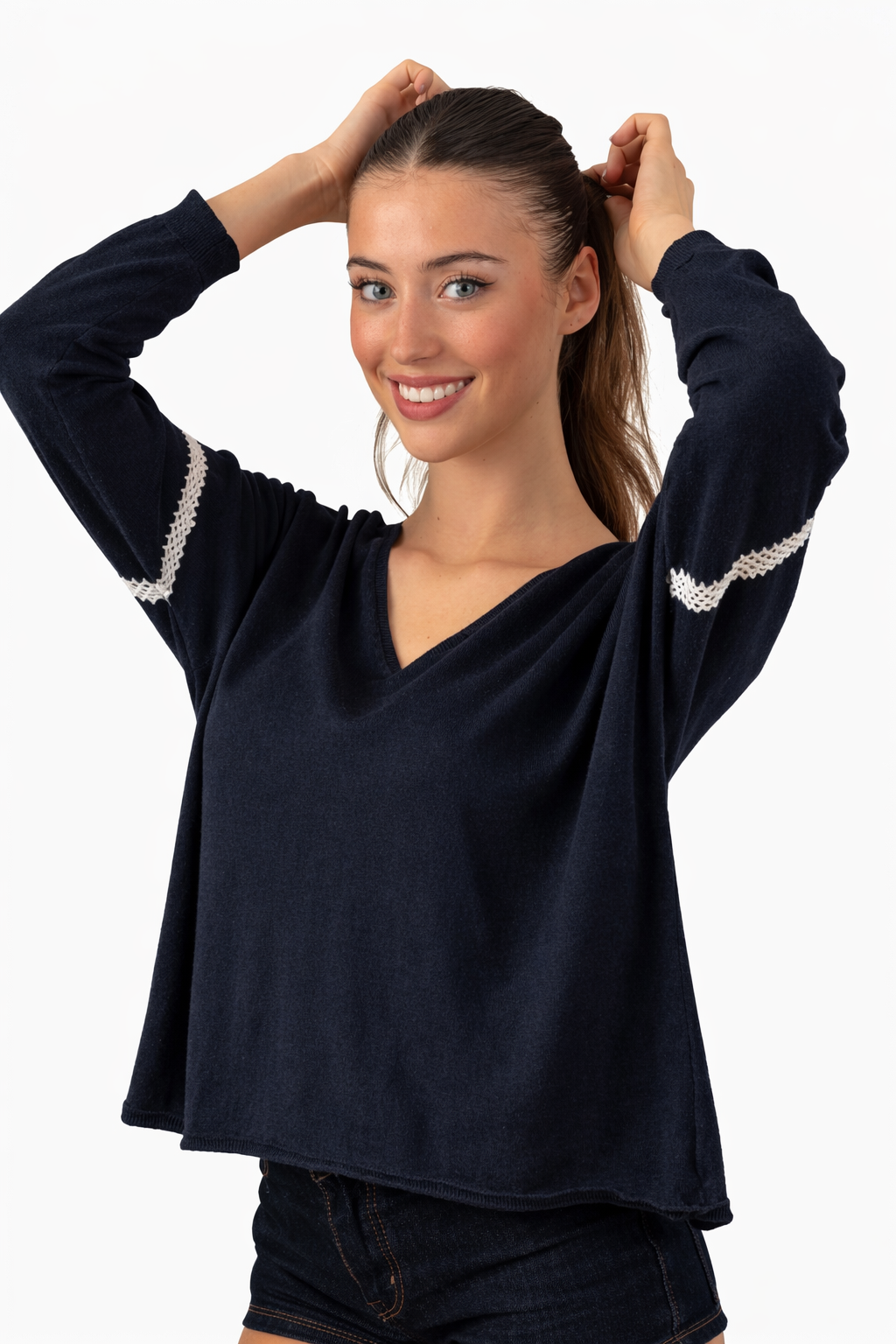 Pull Hixi bleu marine à col V & manches longues A POIL