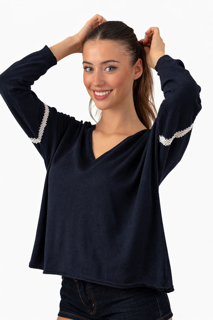 Pull Hixi bleu marine à col V & manches longues A POIL