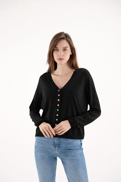 PULL ERIK en COL V avec Boutons colorés  ESTHEME