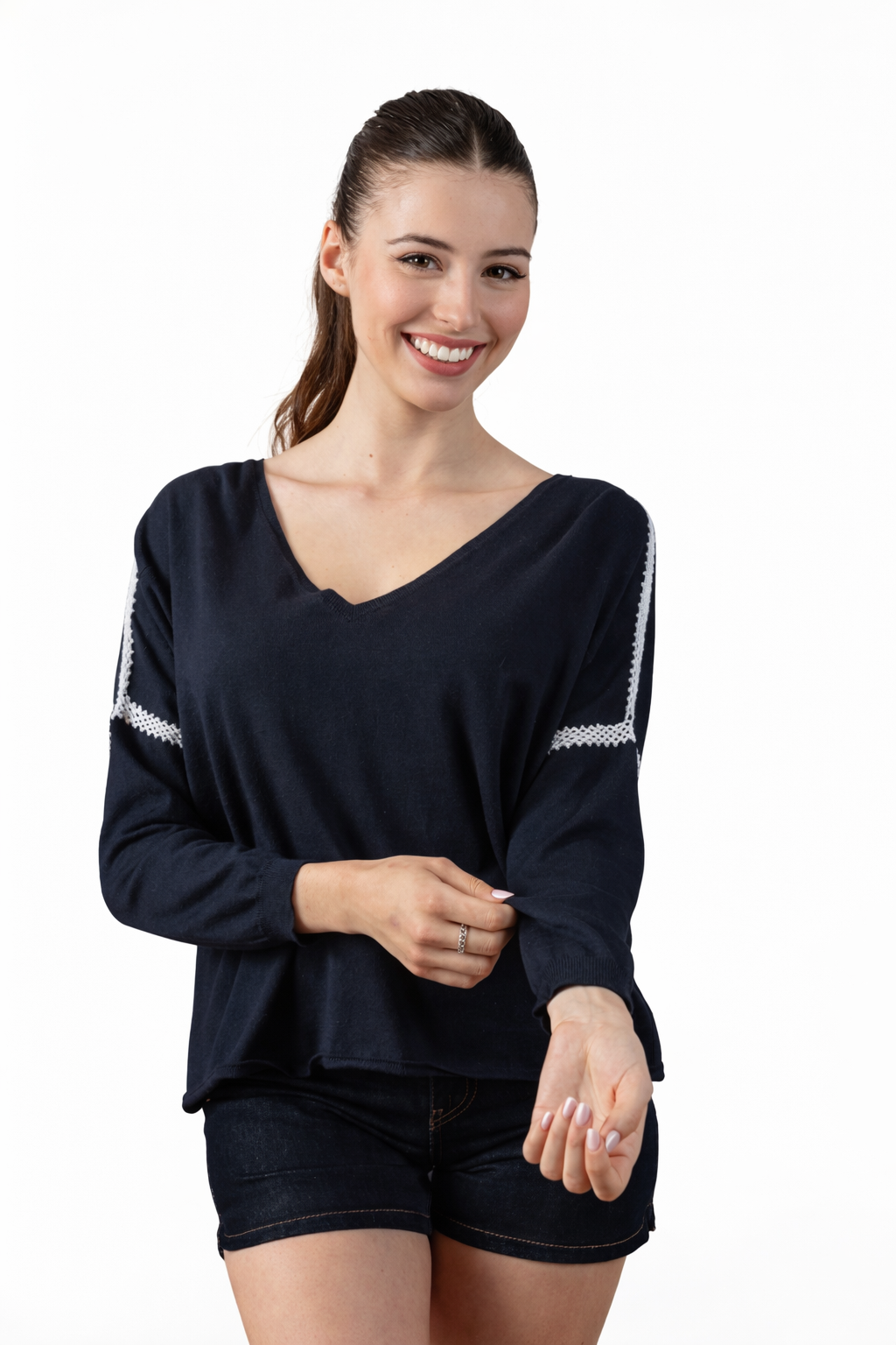 Pull Hixi bleu marine à col V & manches longues A POIL