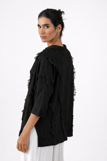 Pull Hannetonne noir à franges  A POIL