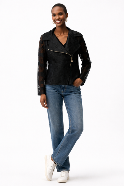 Blouson moto 261074 en filet géométrique avec fermeture éclair asymétrique  J.RIBKOFF